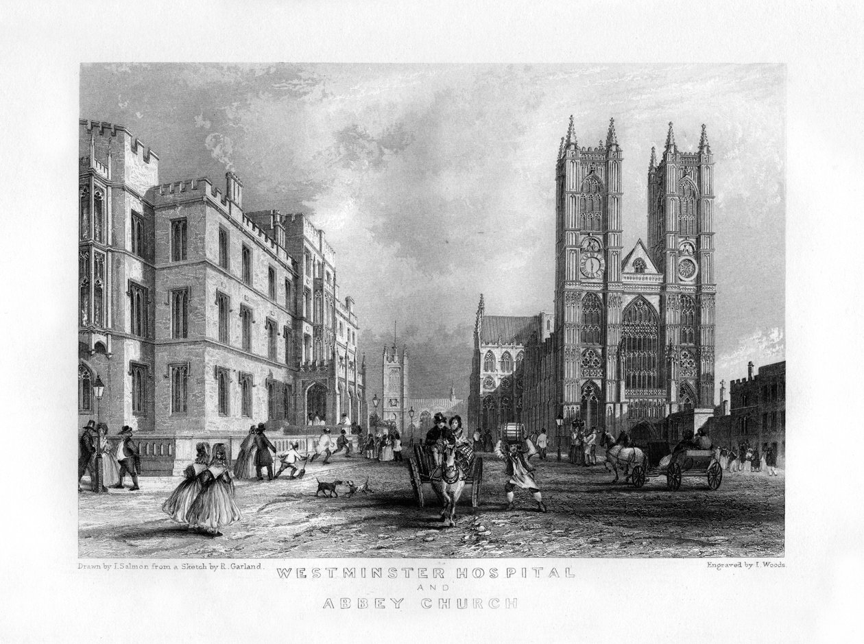 Westminster Hospital and Abbey Church, London, 1800-talet. av J. Woods