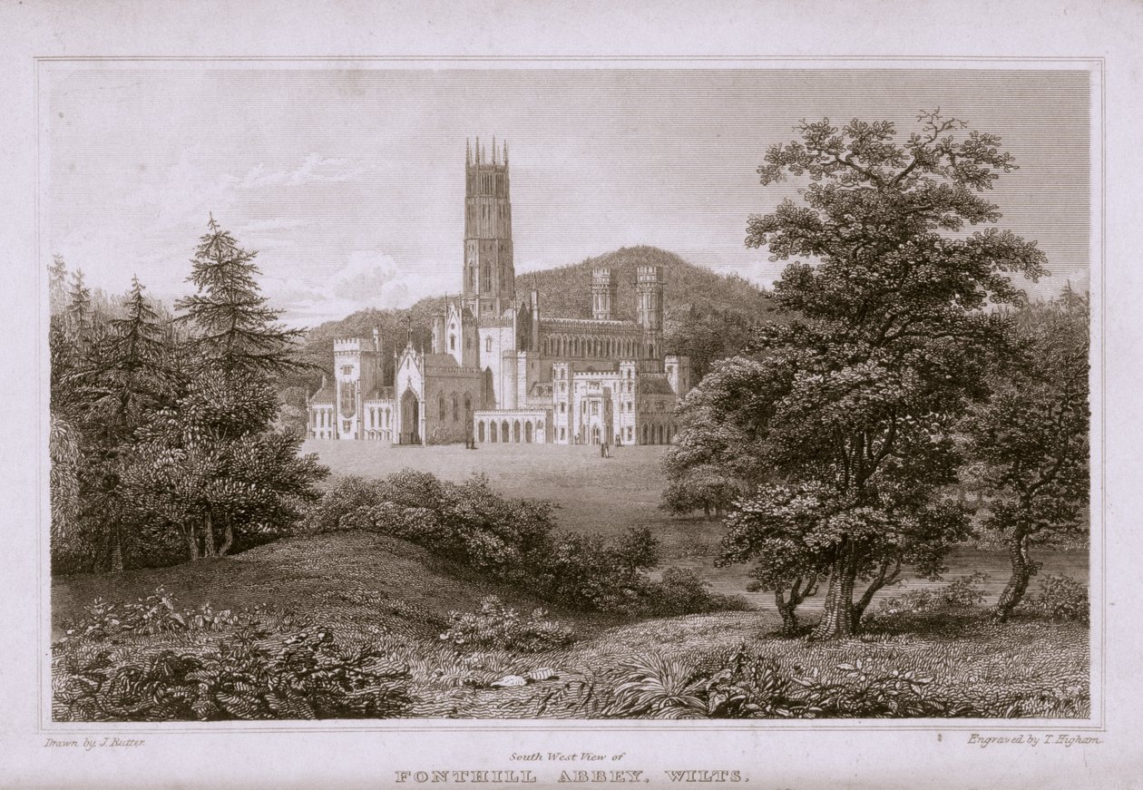 Sydvästlig vy av Fonthill Abbey, graverad av T. Higham, 1823 av J. after Rutter