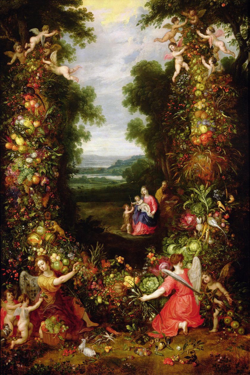 Helig familj i ett landskap med en krans av frukt och grönsaker (panel) av J. and Avont, P. van Brueghel
