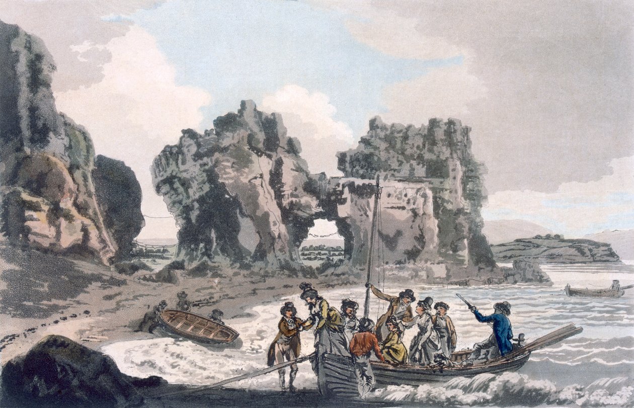 Utsikt över Castle Rock, från landningsplatsen på Flat Holmes, från A Picturesque Guide to Bath, Bristol Hot-Wells, the River Avon and the Adjacent Country, publicerad 1793 (färgakvatint) av J. and Ibbetson, J.C. Hassell