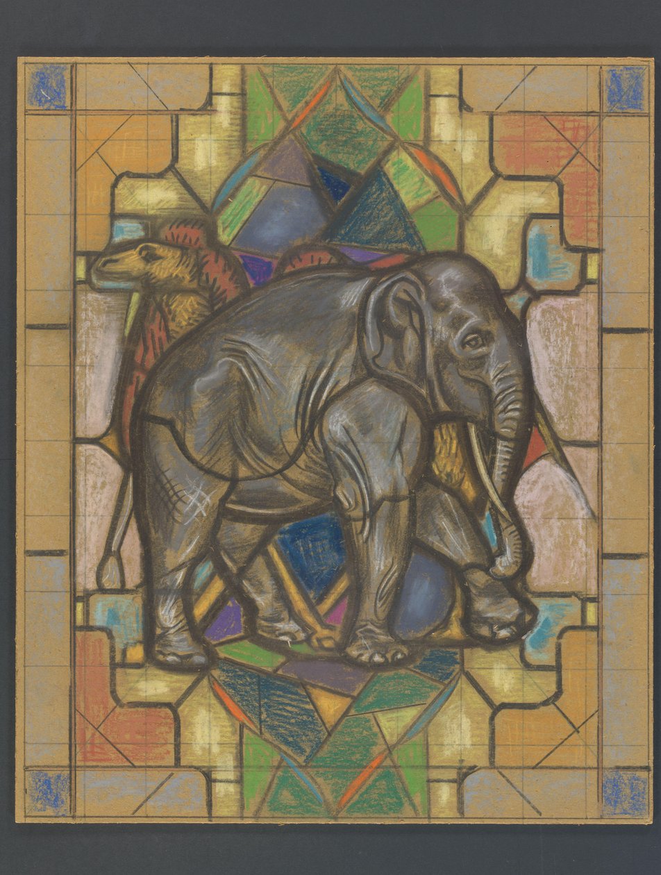 Design för ett målat glasfönster med en elefant och kamel av Jaap Weyand