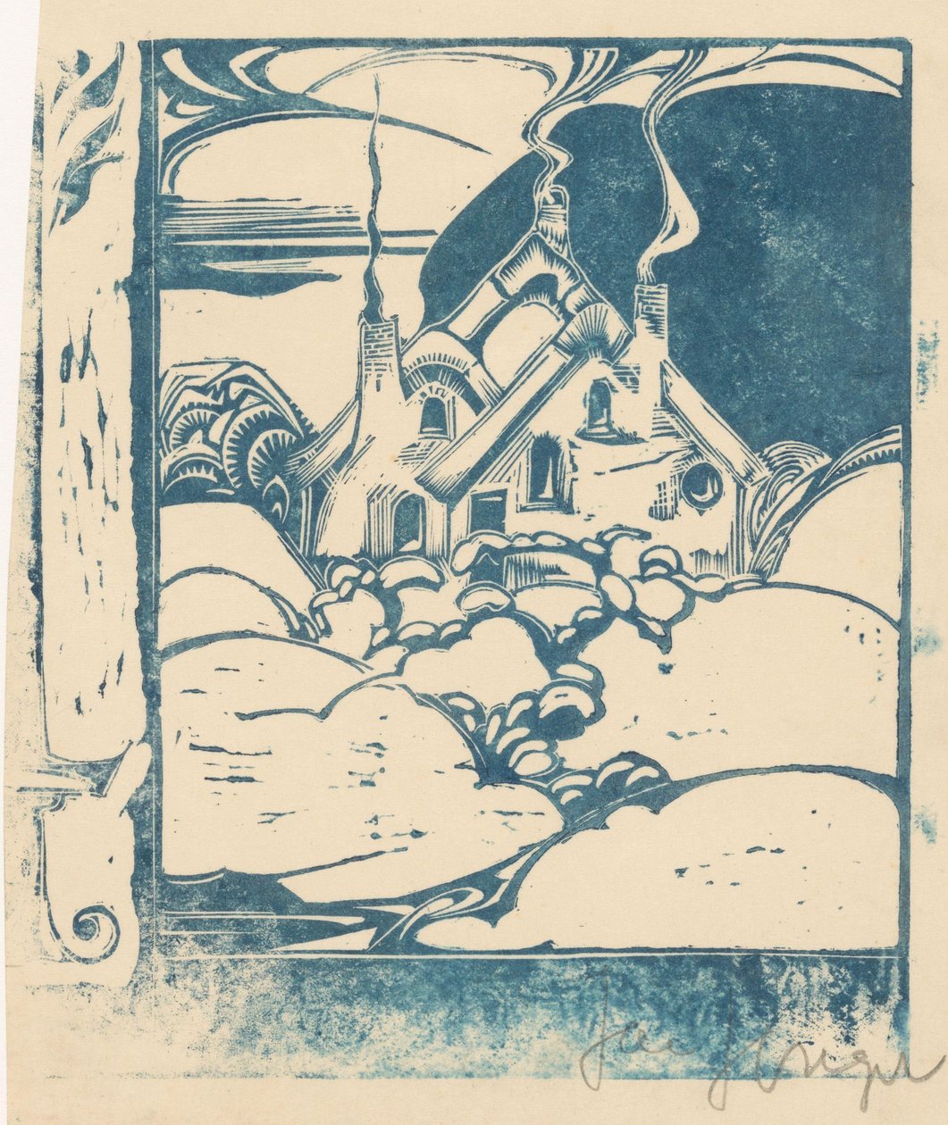 Hus med rökande skorstenar i ett kuperat landskap av Jac Jongert (signed by artist)