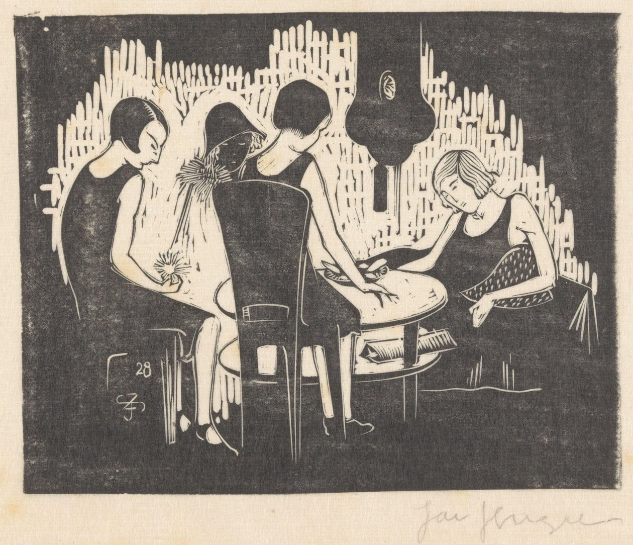 Fyra kvinnor sitter vid ett bord av Jac Jongert (signed by artist)