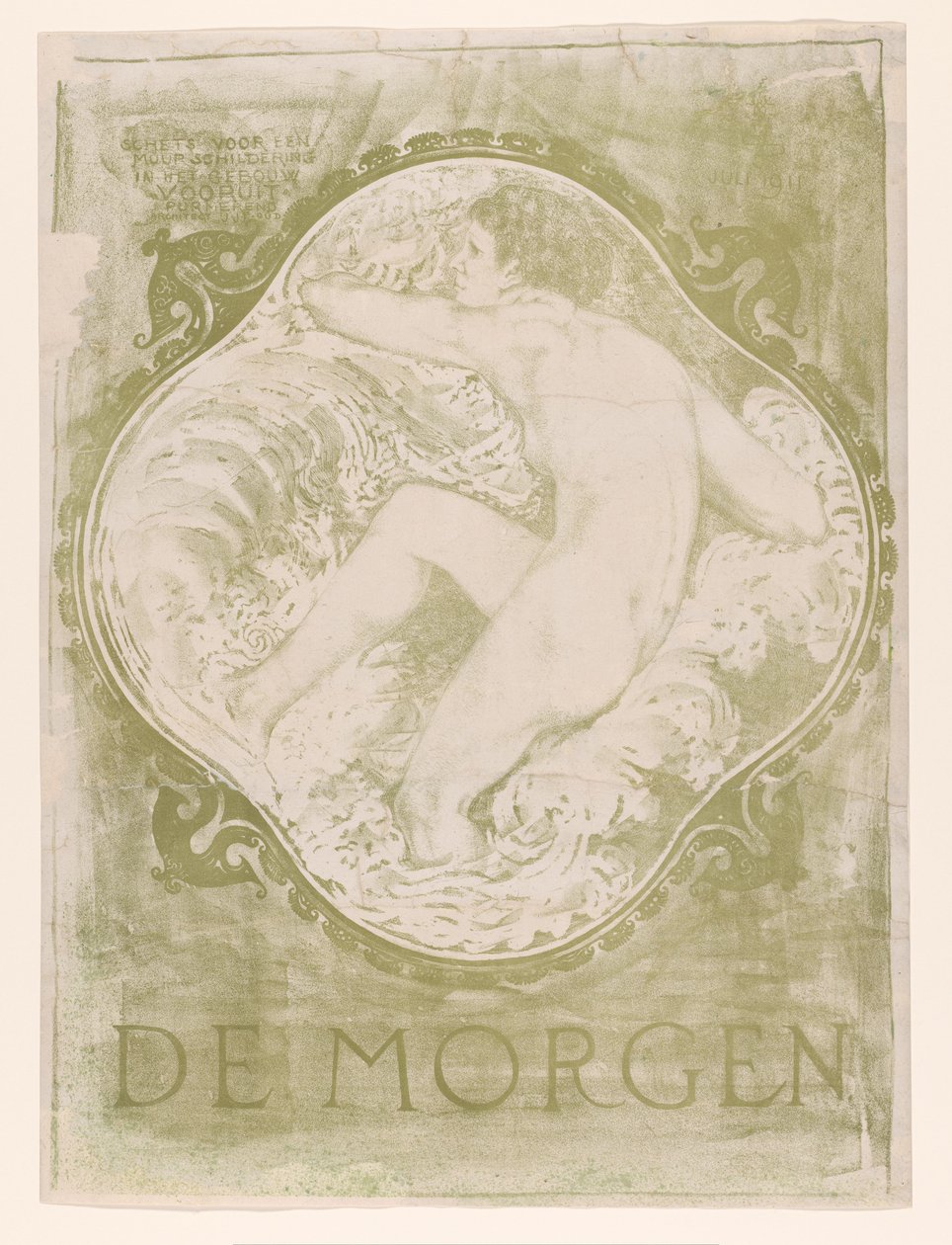 Naken kvinna i vågorna De Morgen / Sketch för en väggmålning i Vooruit Purmerend-byggnadsarkitekten J.J.P. Gammal. (titel på objekt) av Jac Jongert