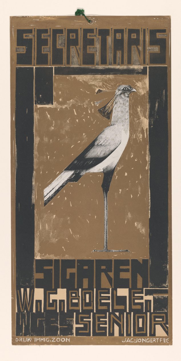 Reklamlapp för Secretary Cigars, med fågel Sekreterare Cigars W.G. Boele WGBS Senior (titel på objekt) av Jac Jongert