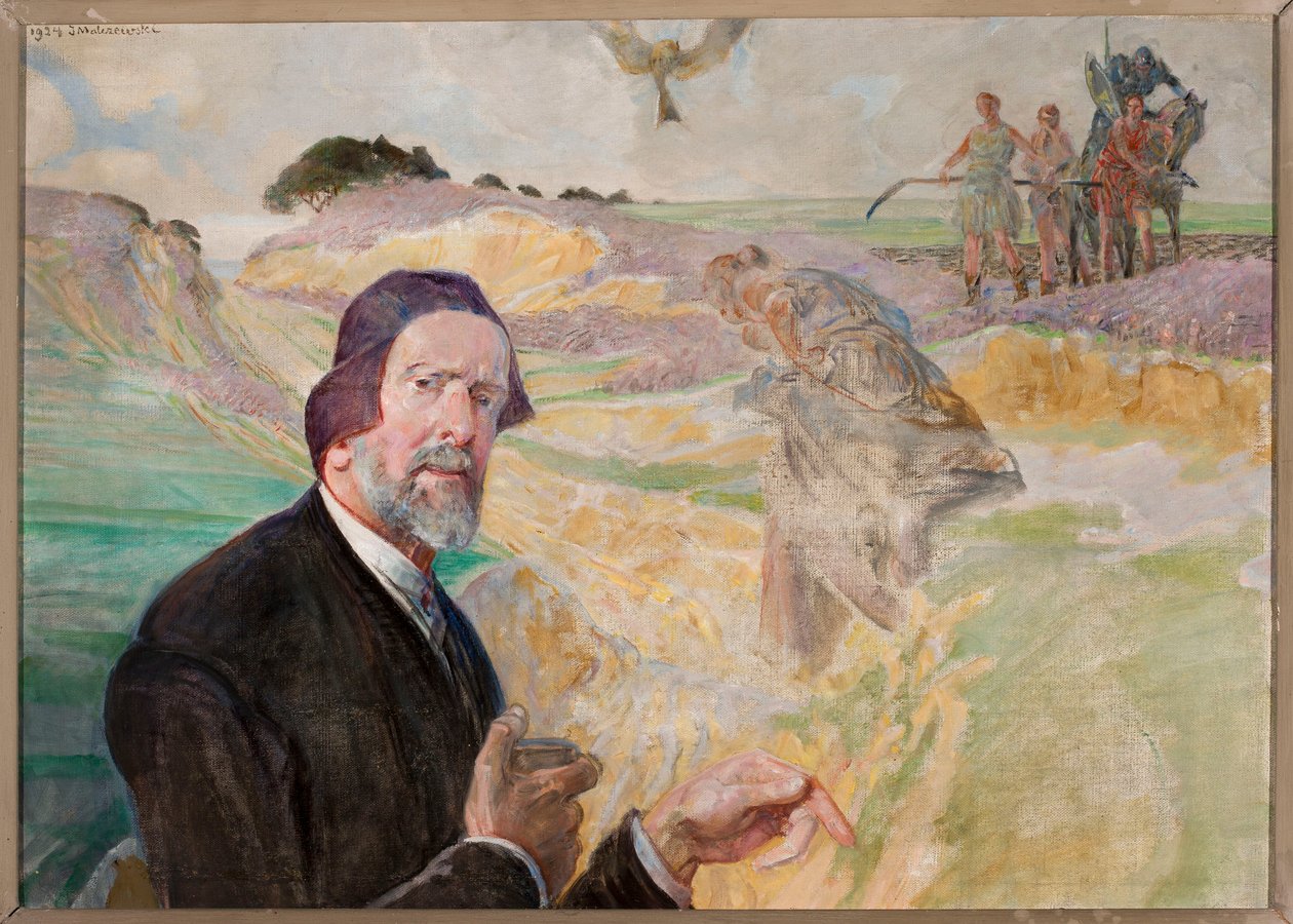 Självporträtt med en polsk väg i bakgrunden av Jacek Malczewski