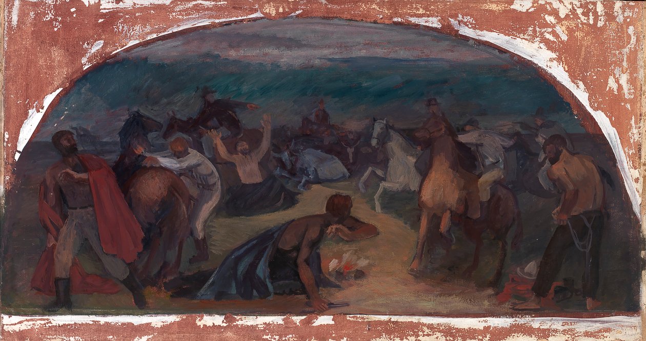 Boskapstjuvar överraskade av Posse väggmålning studie, Burns, Oregon Post Office, 1941. av Jack Wilkinson