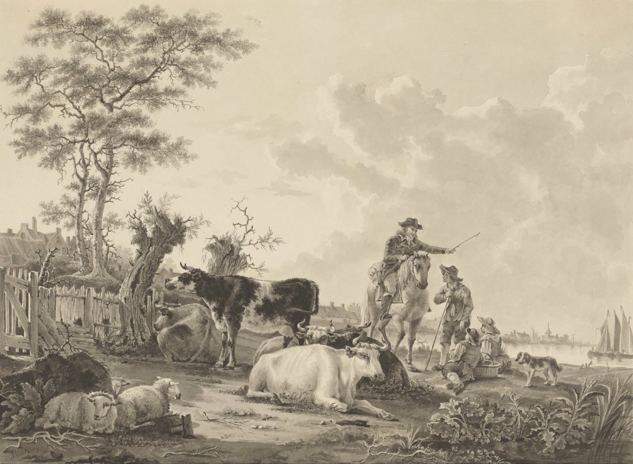 Landskap med nötkreatur, får och rovdjur av Jacob van Strij