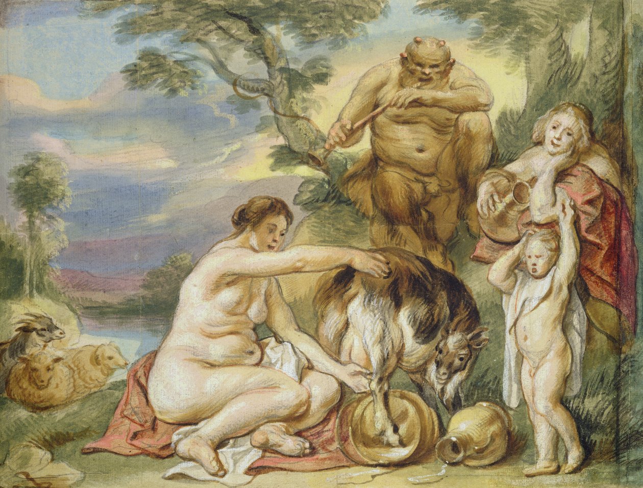 Jupiter som ett barn (bläck och wc på papper) av Jacob Jordaens