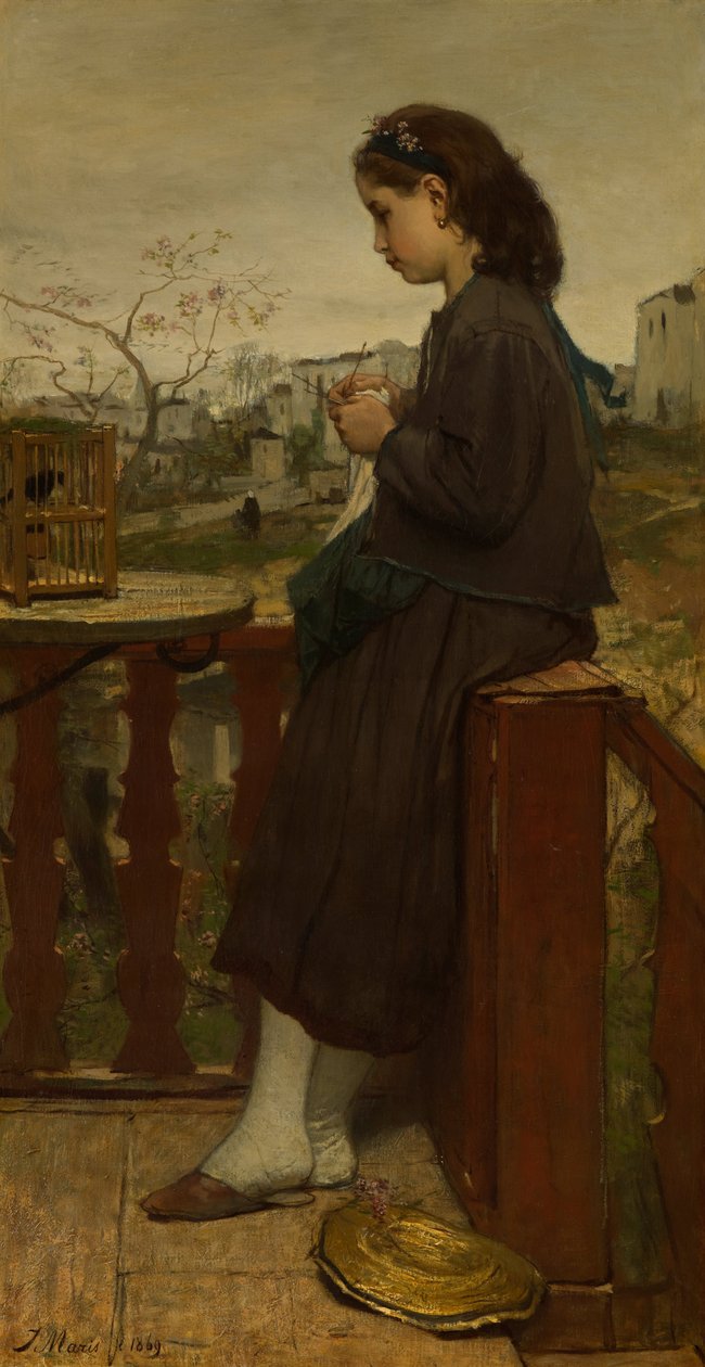 Flicka som stickar på en balkong, Montmartre av Jacob Henricus or Hendricus Maris