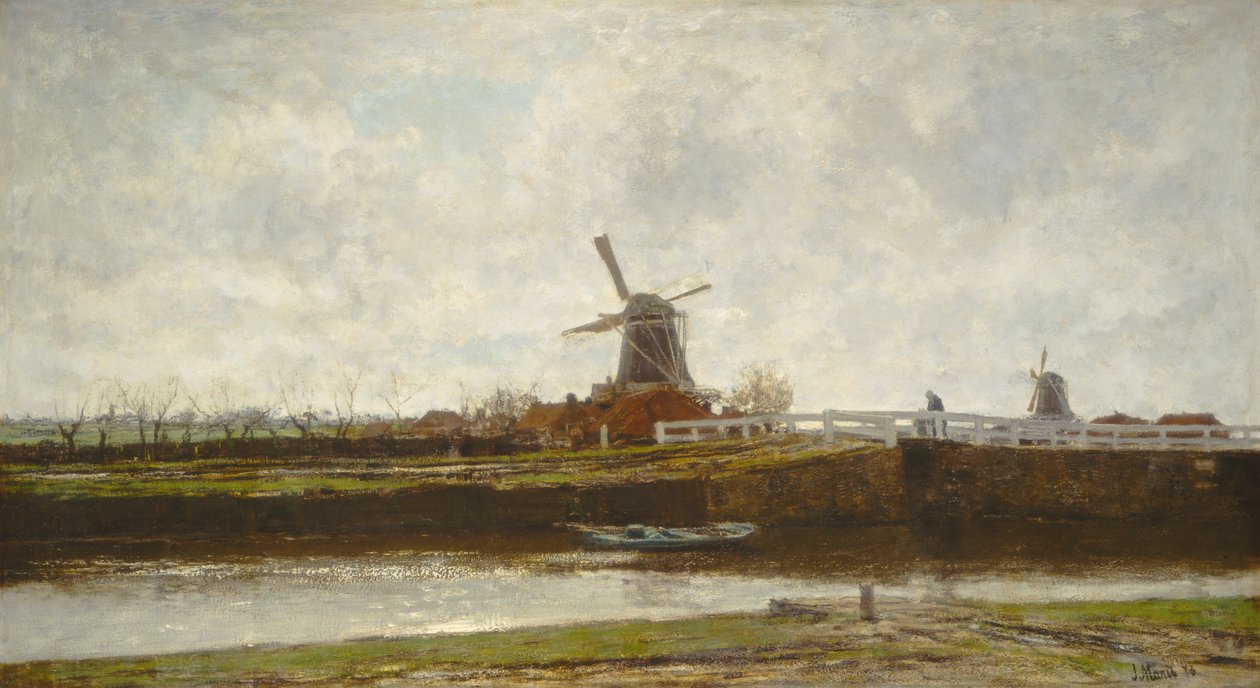 View of the Mill and Bridge on the Noordwest Buitensingel in The Hague av Jacob Henricus or Hendricus Maris