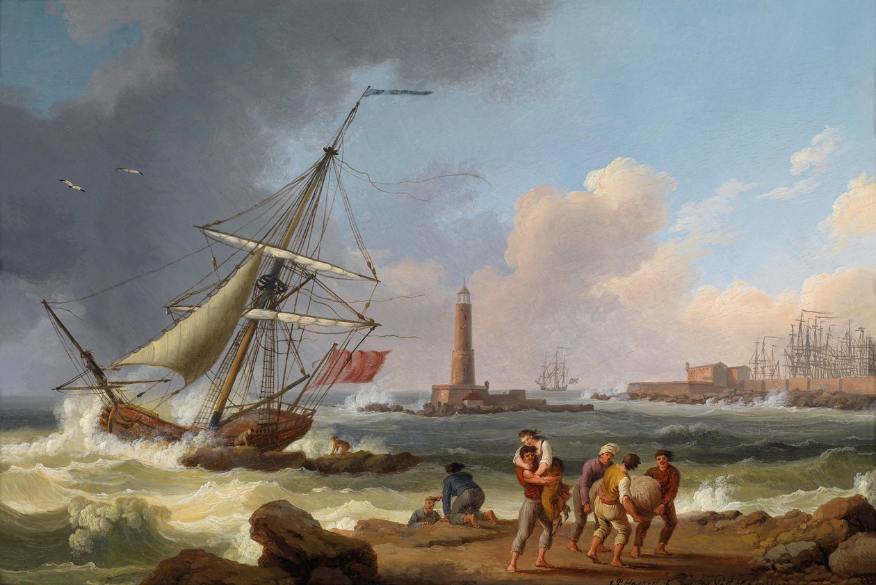 Livorno hamn med räddningsfartyget av Jacob Philippe Hackert