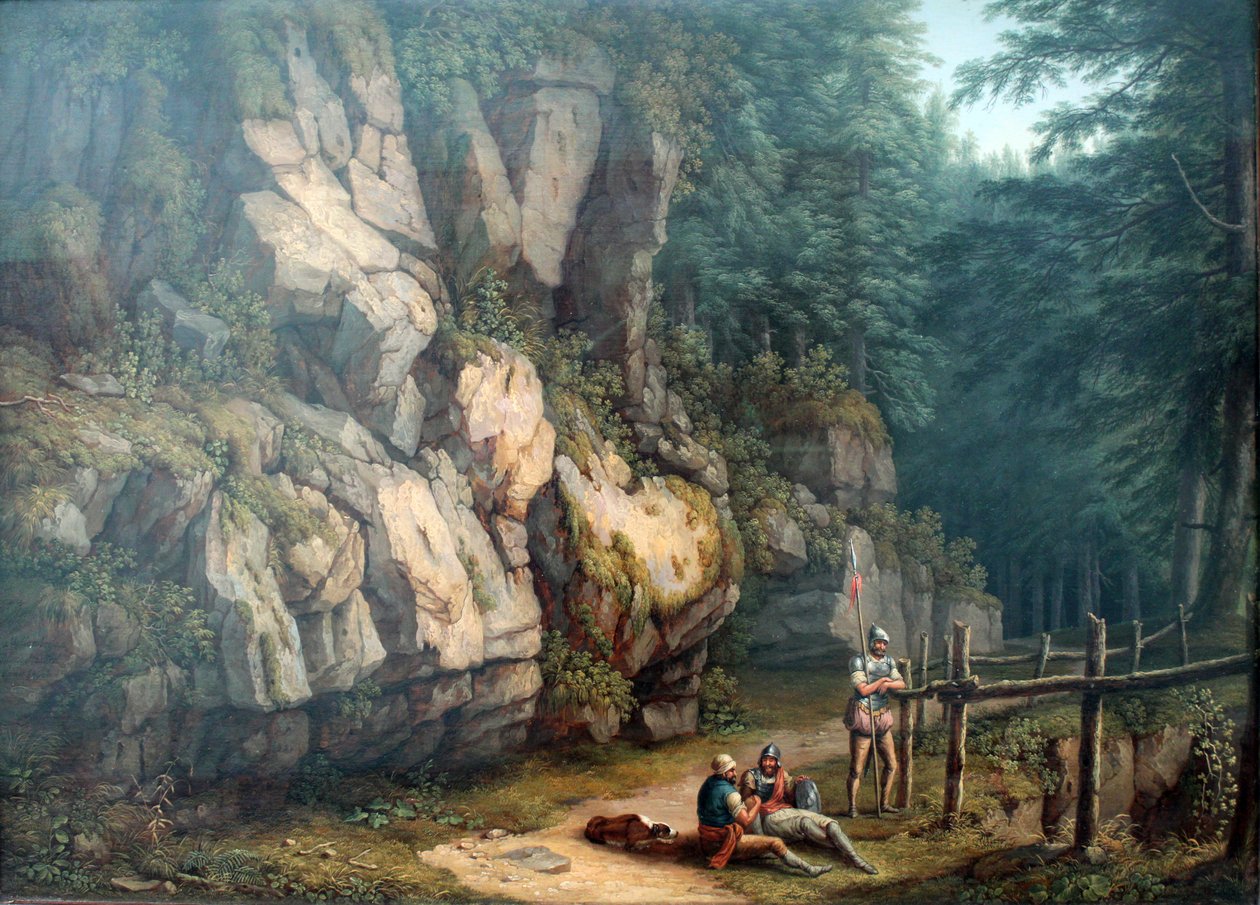 Two Warriors in a Landscape of Trees and Rocks av Jacob Philippe Hackert