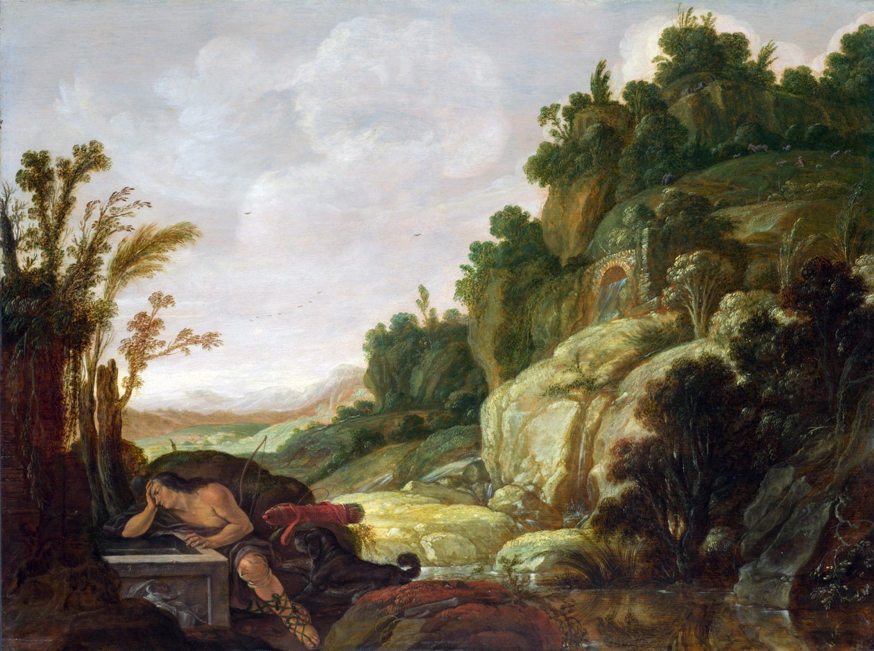 Landskap med Narcissus vid brunnen av Jacob Symonsz Pynas or Pinas