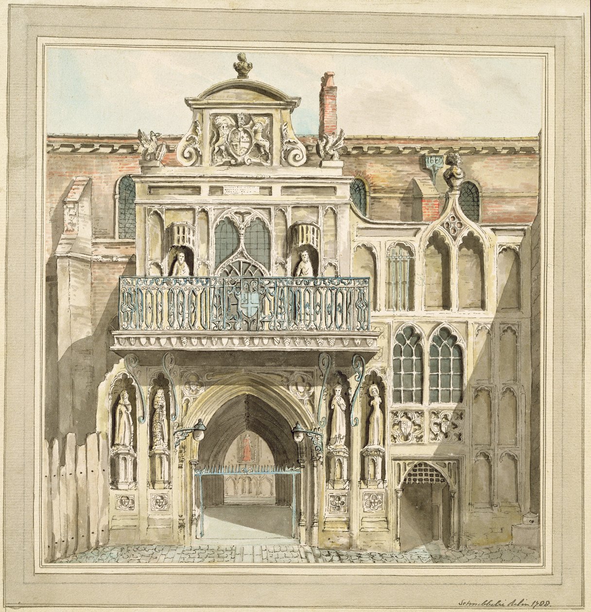 Den gamla fasaden på Guildhall, City of London, 1788 (bläck och text) av Jacob Schnebbelie