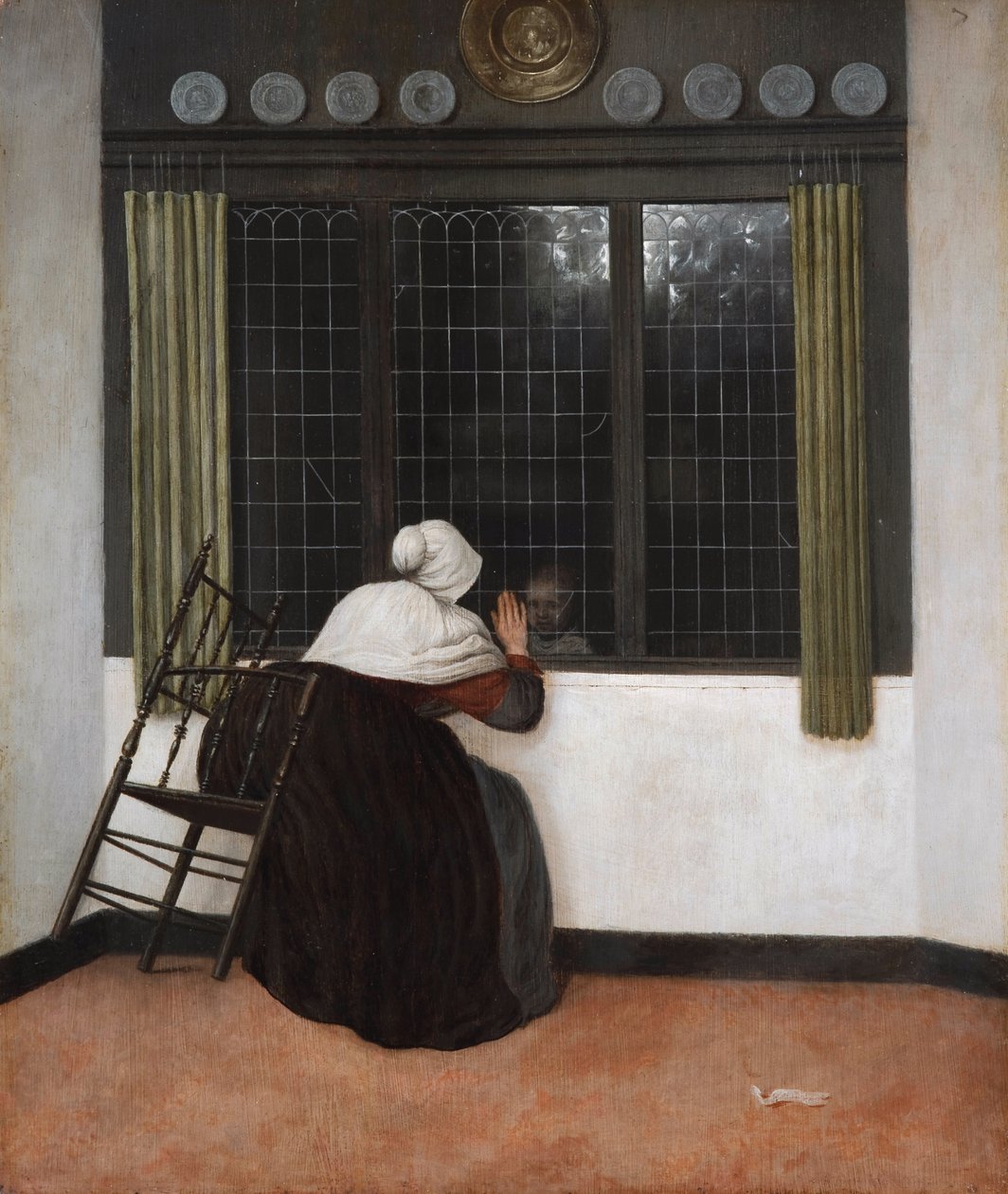 Femme à la fenêtre faisant signe à une fillette av Jacob Vrel
