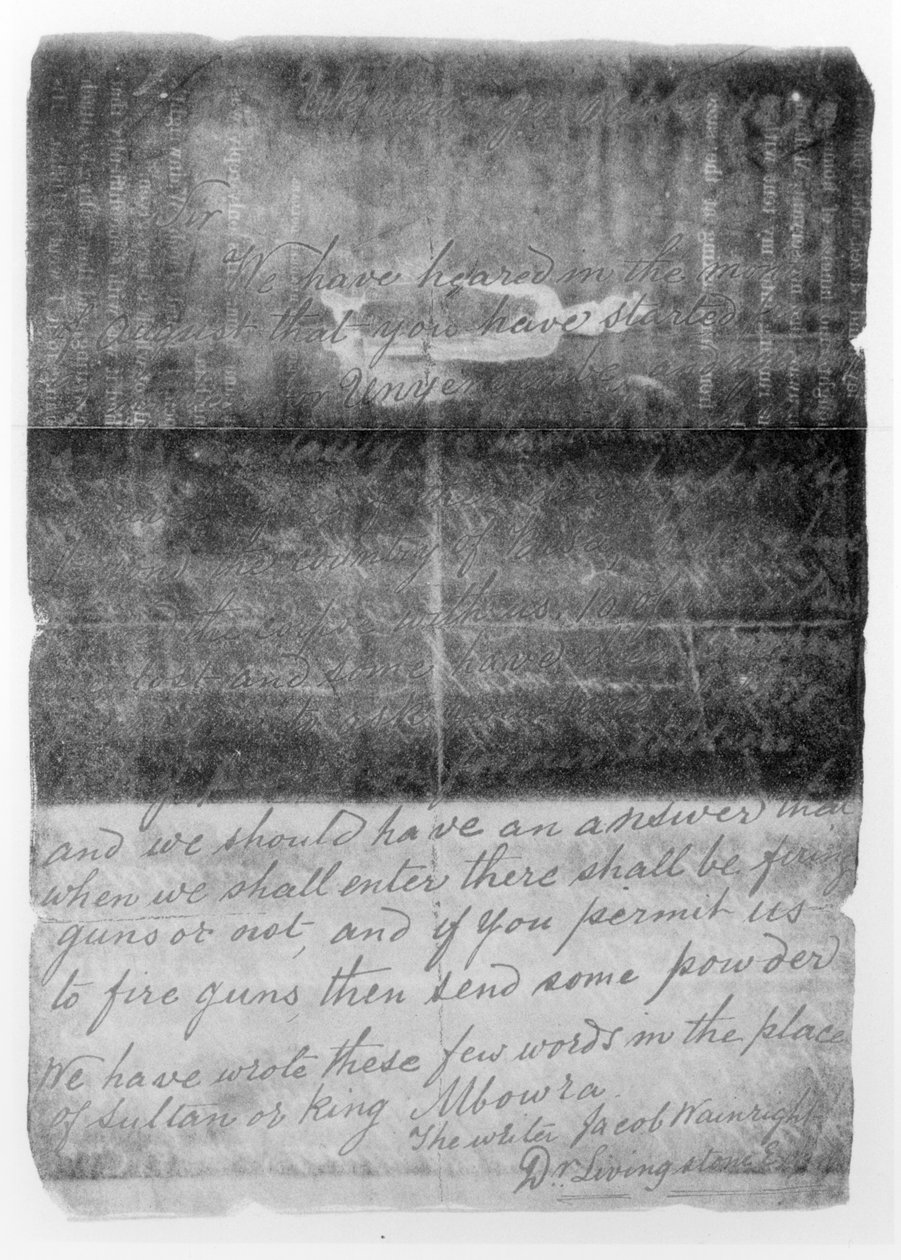Brev skrivet till Cameron i oktober 1873 som rapporterade David Livingstones död (1813-73) från volym 1 av Across Africa av Verney Lovett Cameron, publicerad 1877 (bw foto) av Jacob Wainwright