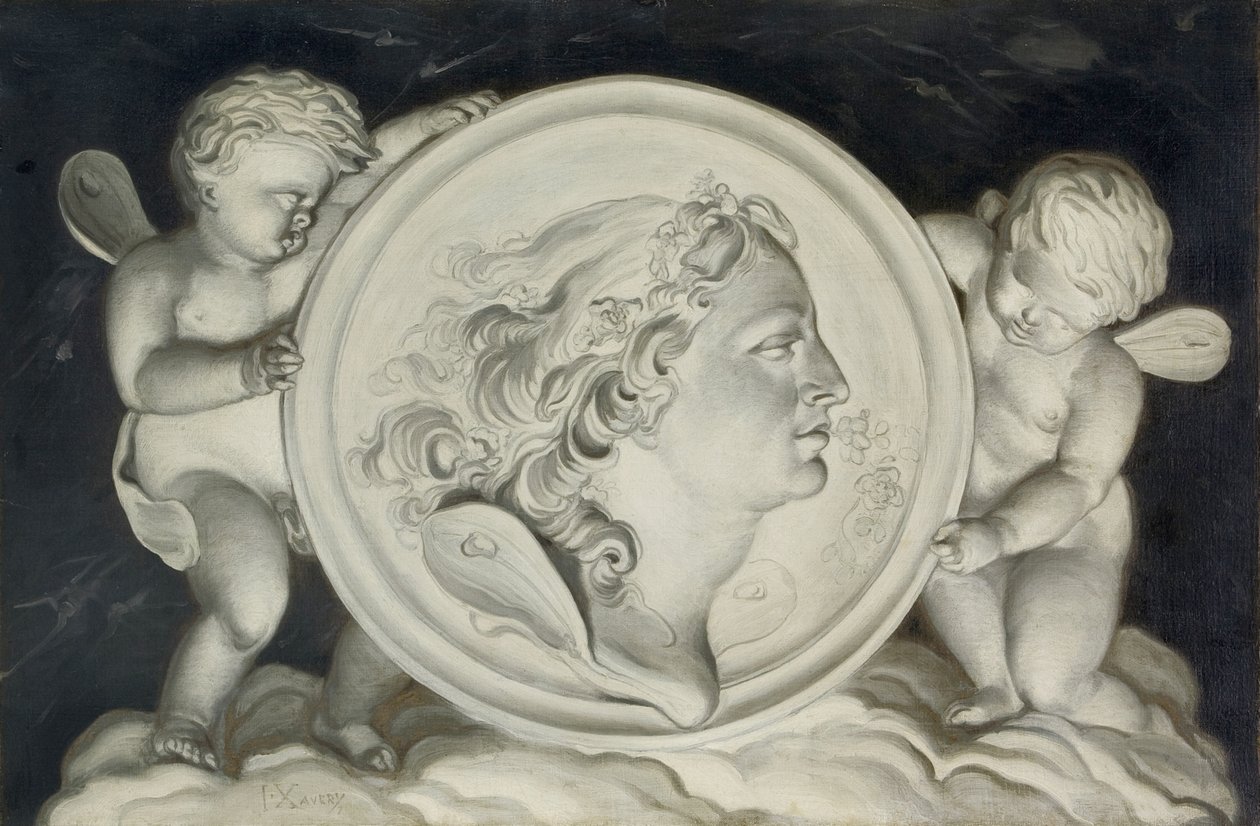 Zephyr i en målad rundel som stöds av putti som flyter på moln (par 421580) av Jacob Xavery