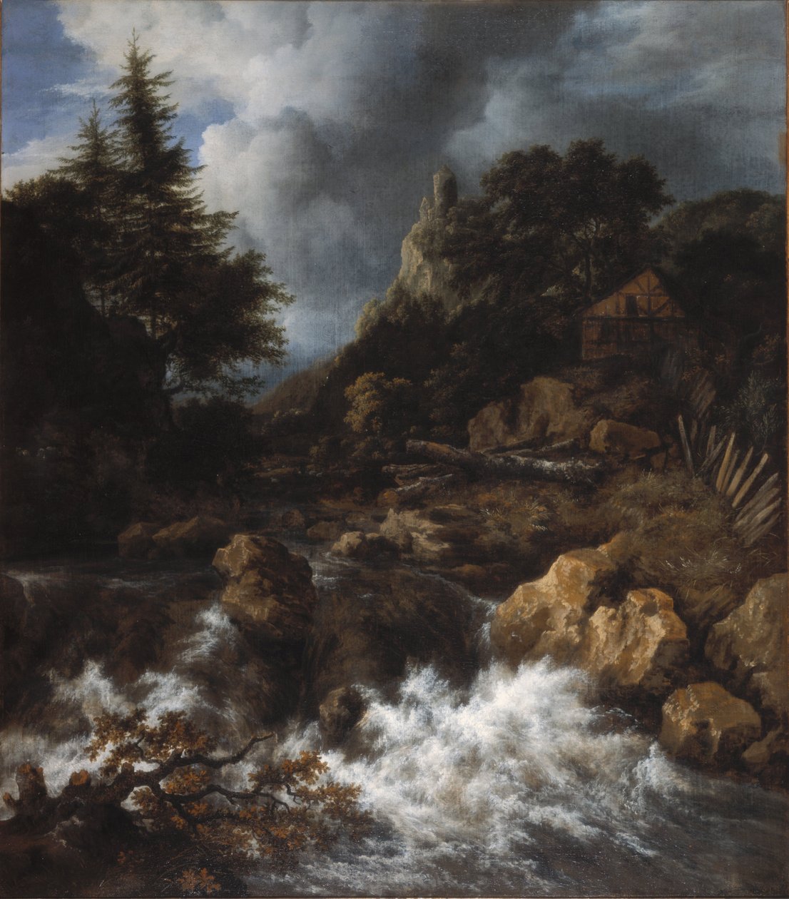Waterfall with a Half-Timbered House and Castle av Jacob van Ruisdael
