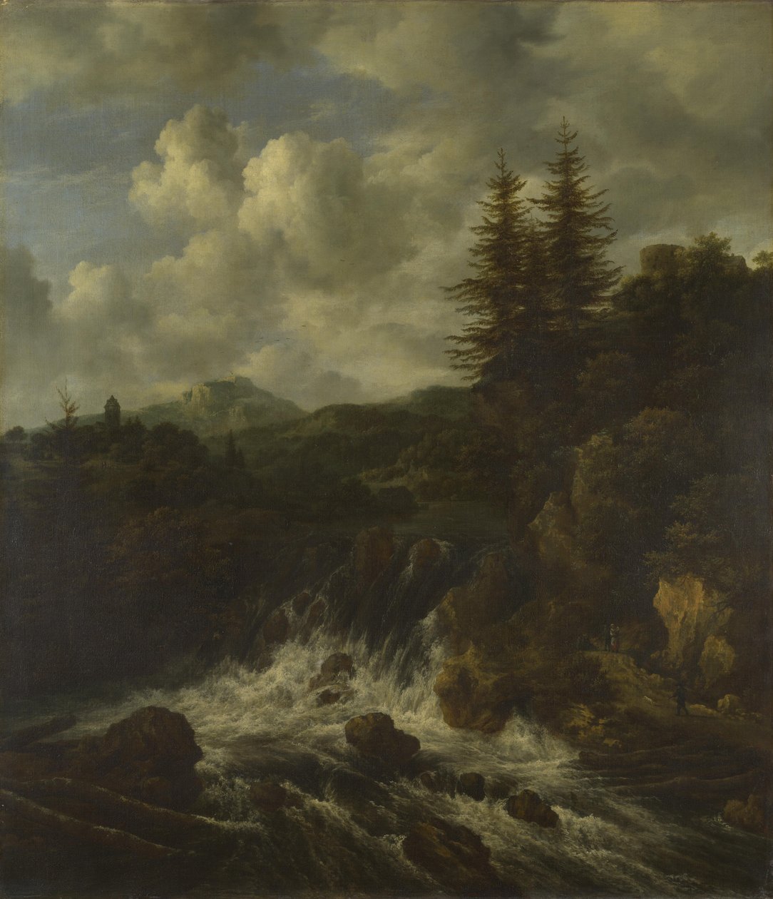 Ett landskap med ett vattenfall och ett slott på en kulle av Jacob van Ruisdael