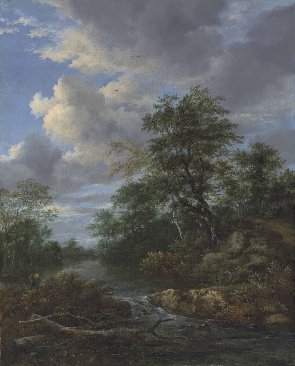 Ett skogbevuxet flodlandskap med en familj i vila på ett spår av Jacob van Ruisdael