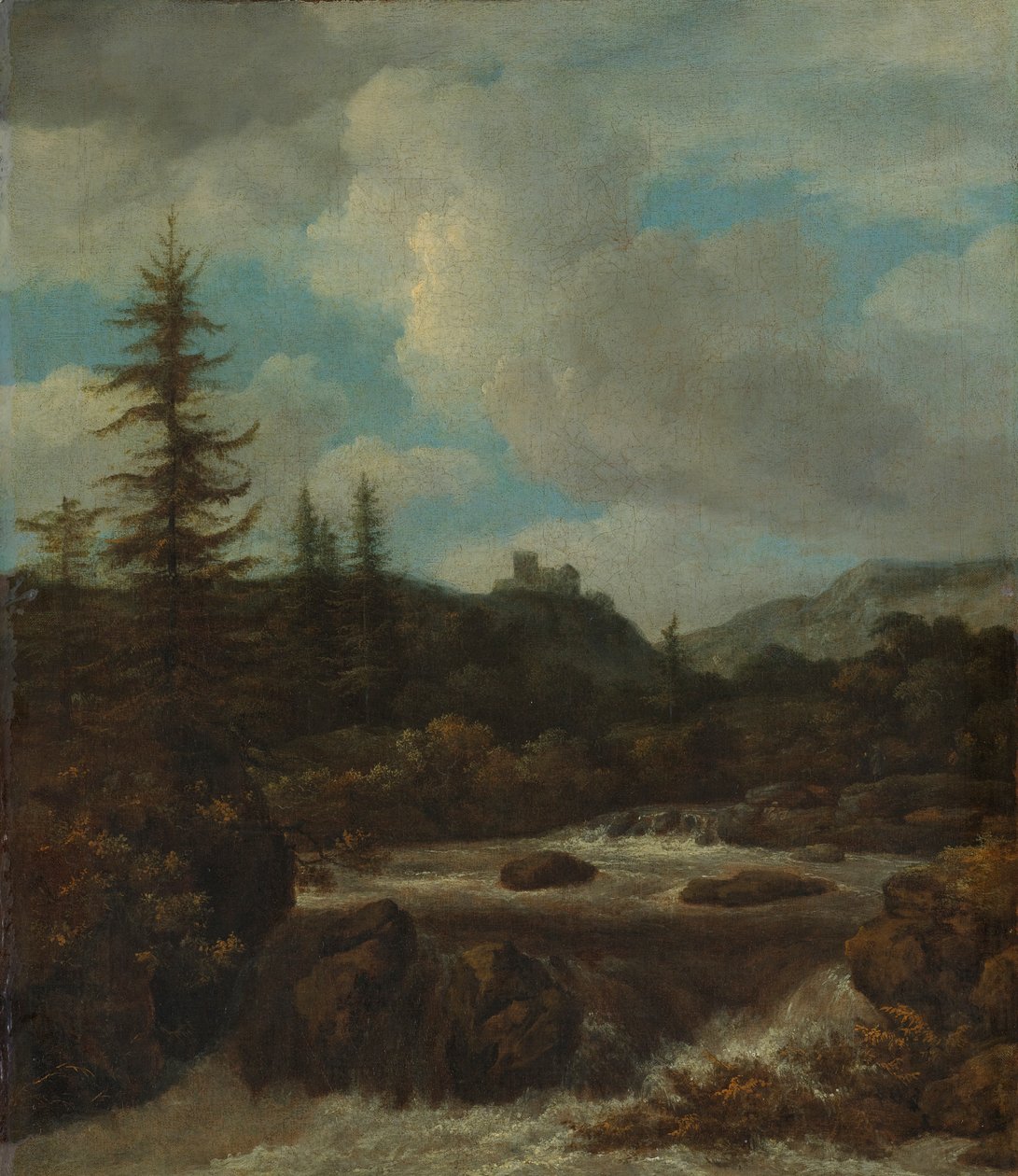 Landskap med ett vattenfall nära ett slott av Jacob van Ruisdael
