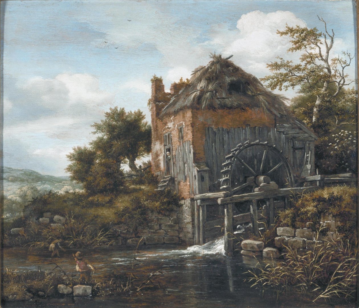 Landskap med en vattenkvarn och män som skär vass av Jacob van Ruisdael