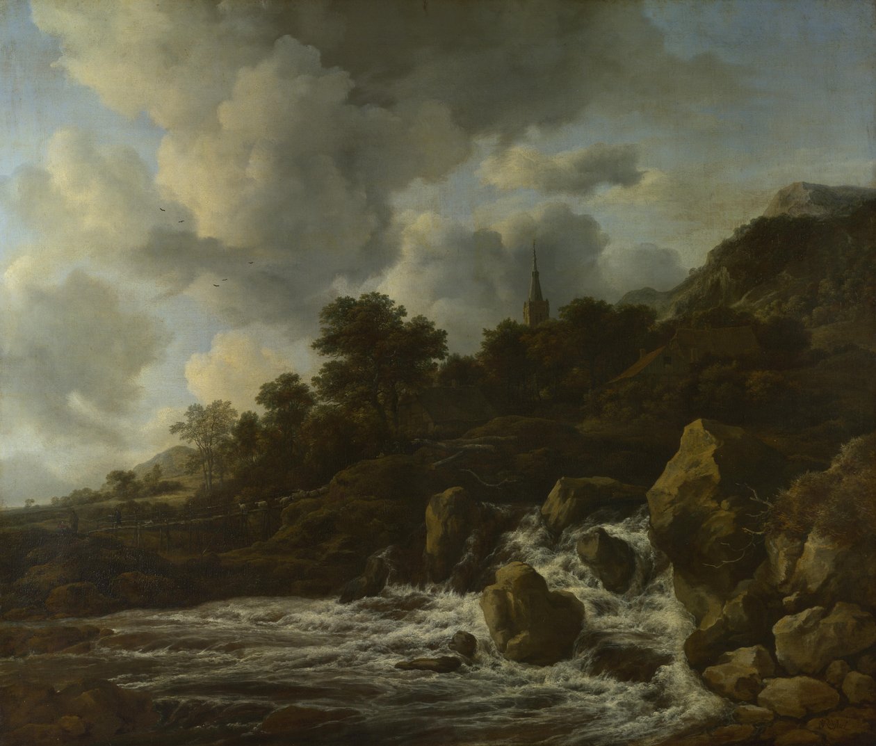Vattenfall nära en by, ca 1665-70 av Jacob van Ruisdael