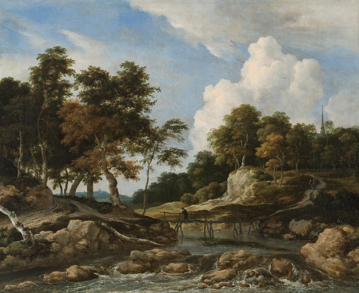 Skogbevuxen flodlandskap med en bro av Jacob van Ruisdael