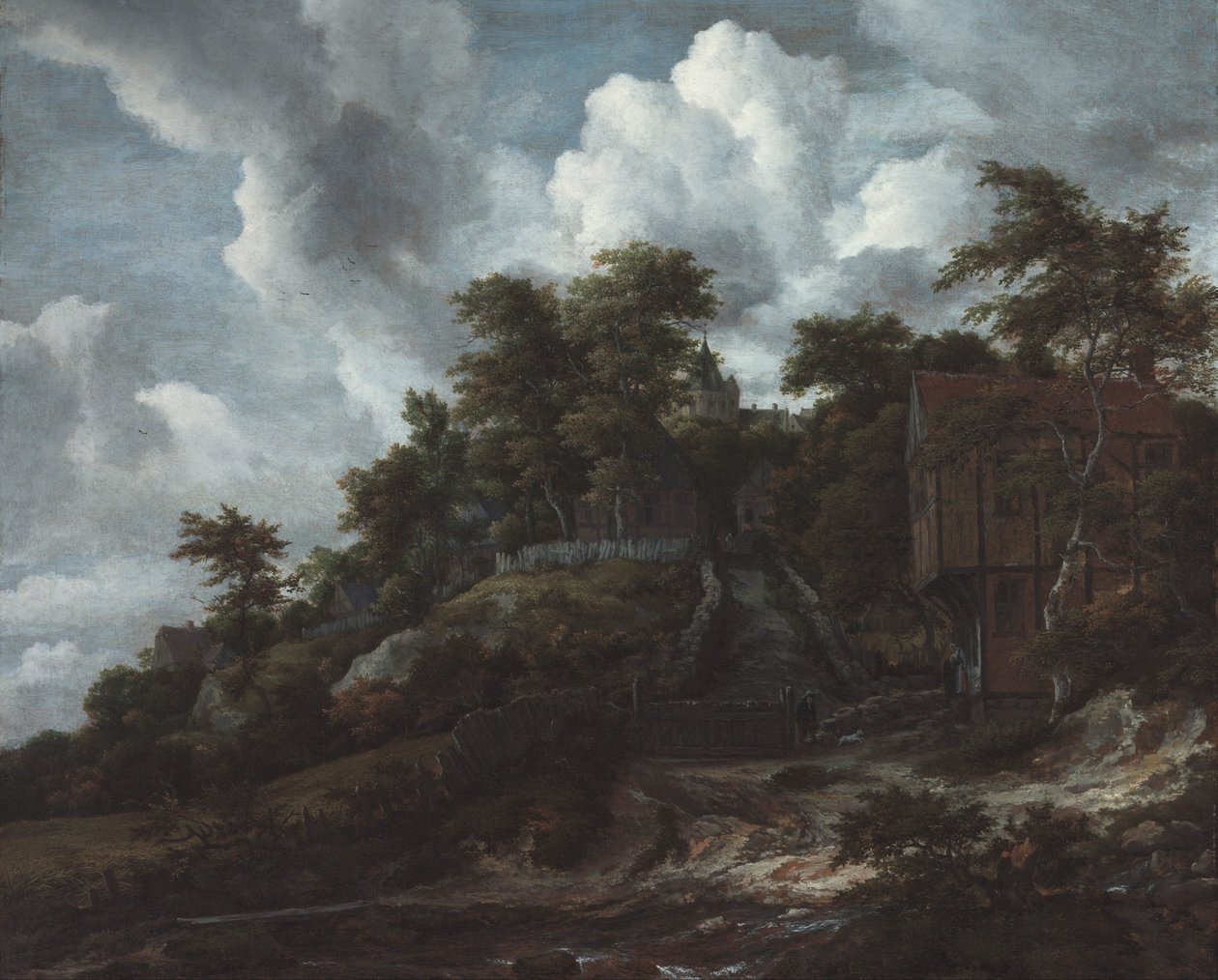 Skogsbevuxen sluttning med utsikt över Bentheim slott av Jacob van Ruisdael