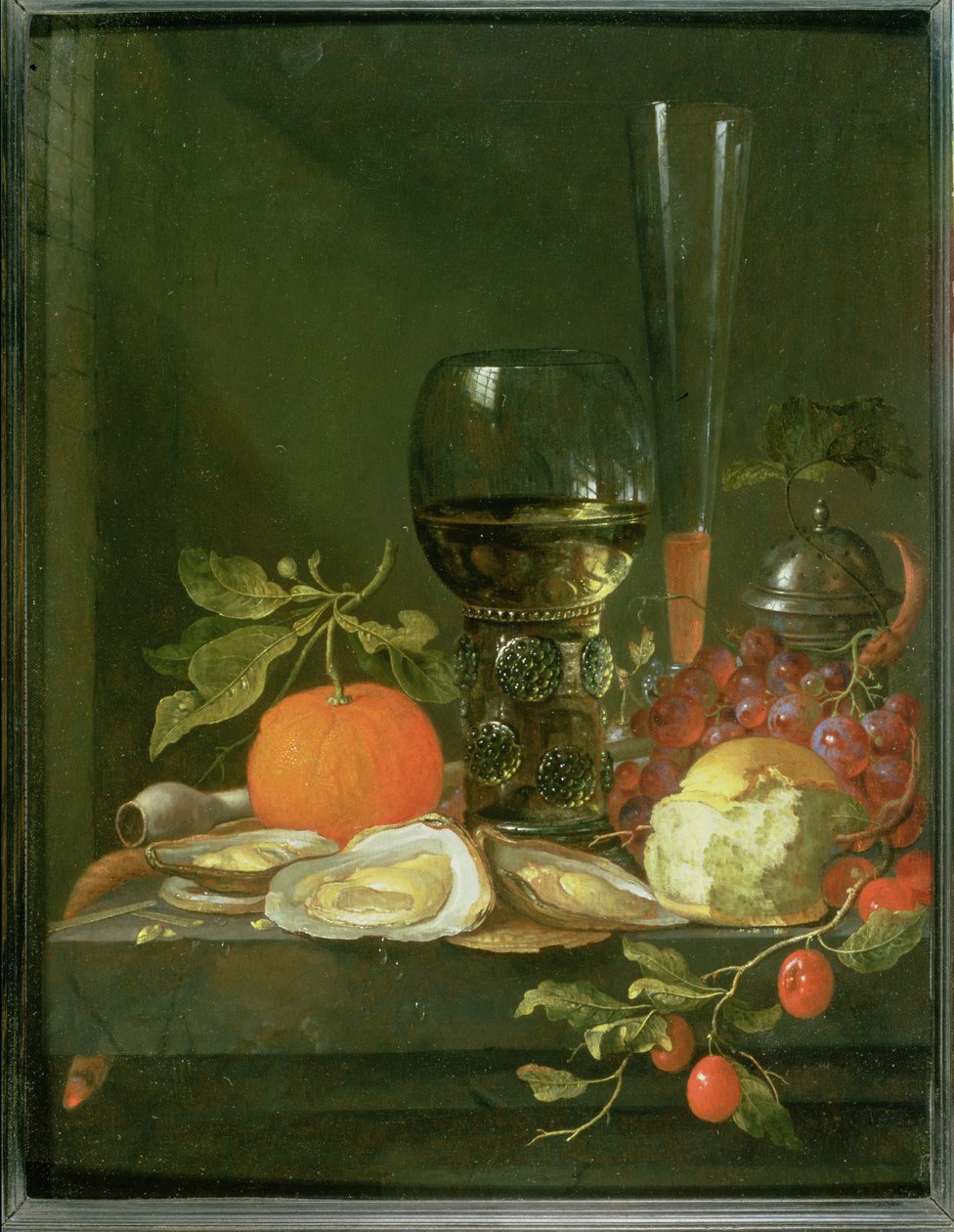 Stilleben af østers, druer, brød og glas på en afsats av Jacob van Walscapelle