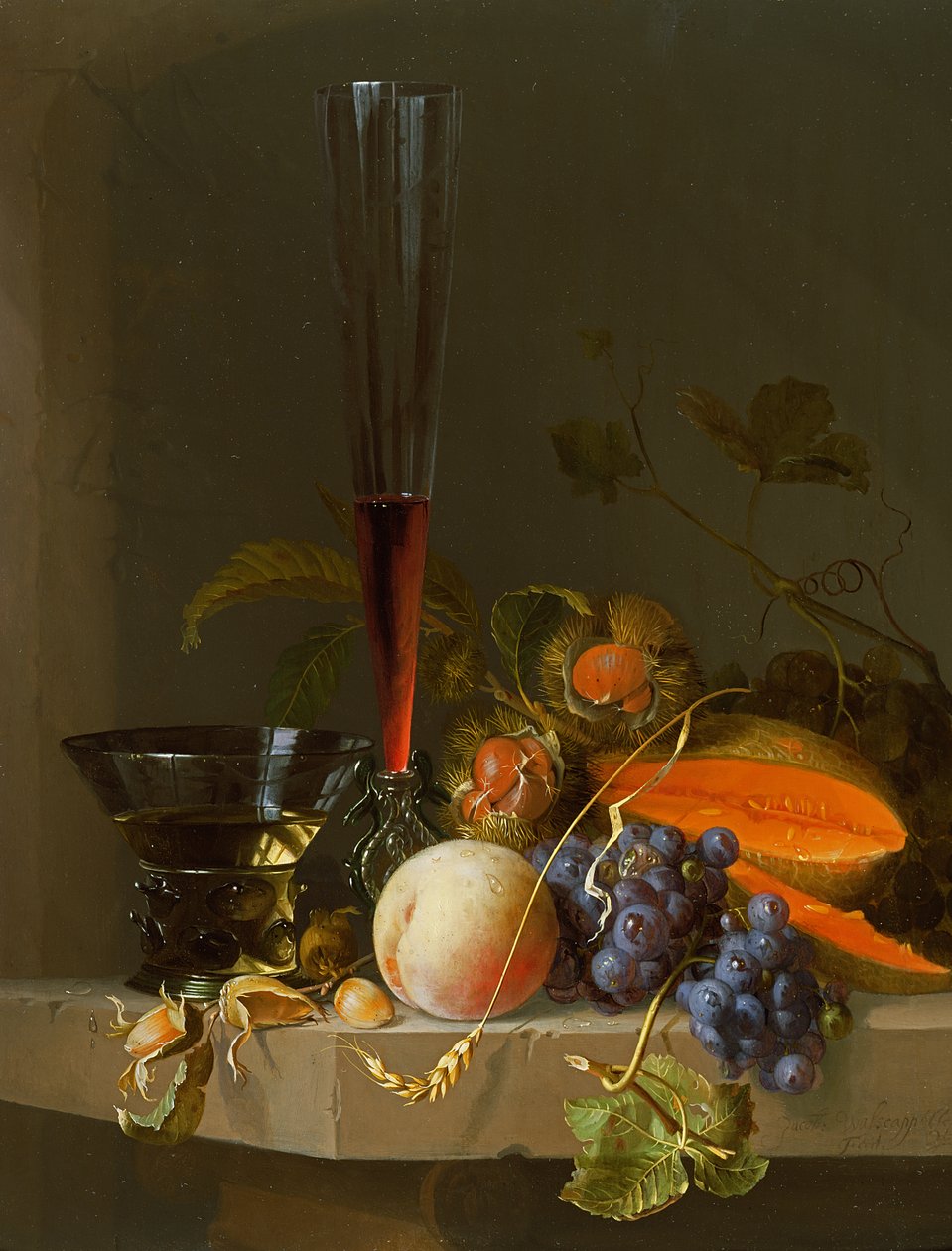 Stilleben av frukt på en avsats med en roemer och ett vinglas av Jacob van Walscapelle