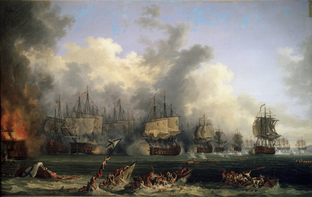 ""Sjunkningen av turkiska fartyg under slaget vid Tchesme den 05/07/1770"" (Sjöslaget vid Chesma den 5 juli 1770) Det motsatte sig flottorna från Katarina II:s Ryssland och Osmanska riket till Chios i Grekland (Orloffs revolution eller Expedition av f av Jacob Philippe Hackert