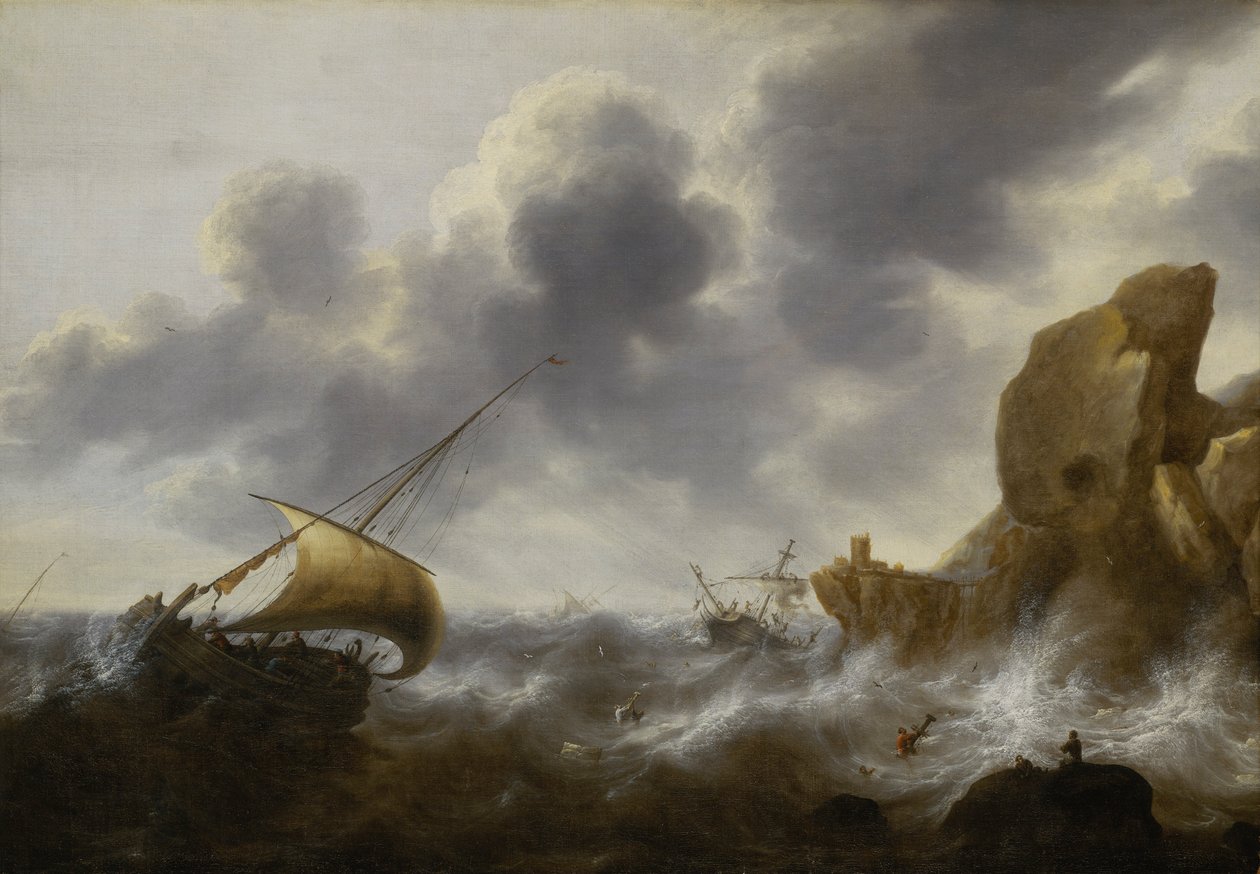 En fiskebåt utanför en klippig kust i en storm med ett vrak, ca 1664-65 (olja på pannå) av Jacob Adriaensz. Bellevois