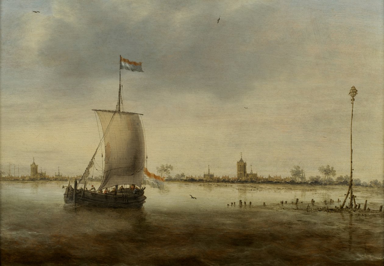 Ett segelfartyg längs kusten i en holländsk stad som tros vara Schoonhoven av Jacob Adriaensz. Bellevois