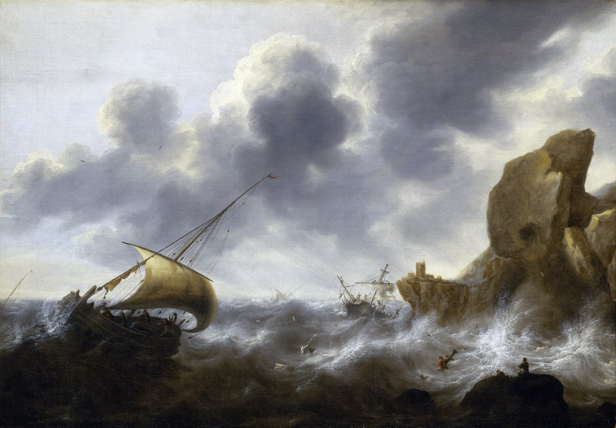 En fiskebåt i storm nära en klippig kust med ett skeppsbrott. Olja på duk av Jacob Adriaensz Bellevois (1621-1675). av Jacob Adriaensz. Bellevois