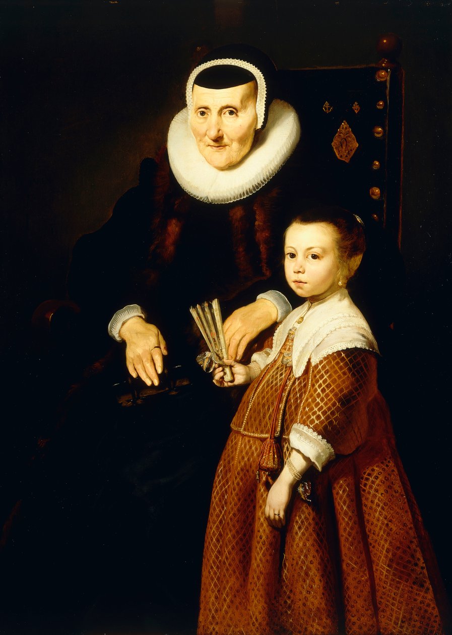 Porträtt av en dam, 80 år med en flicka, 6 år, tre fjärdedels längd, ca 1632-33 av Jacob Adriensz Backer