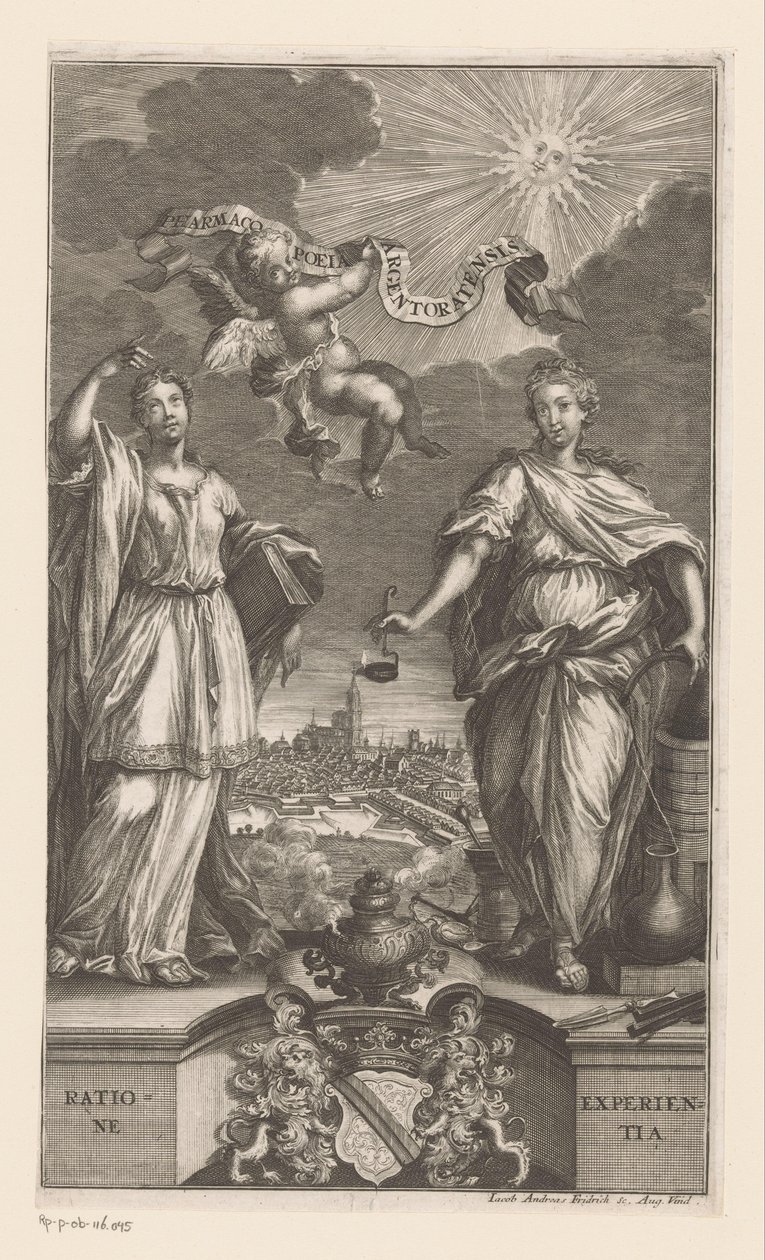 Allegory of Medicine i Strasbourg Pharmacopoeia Argentoratensis (titel på objekt) av Jacob Andreas Fridrich (I)