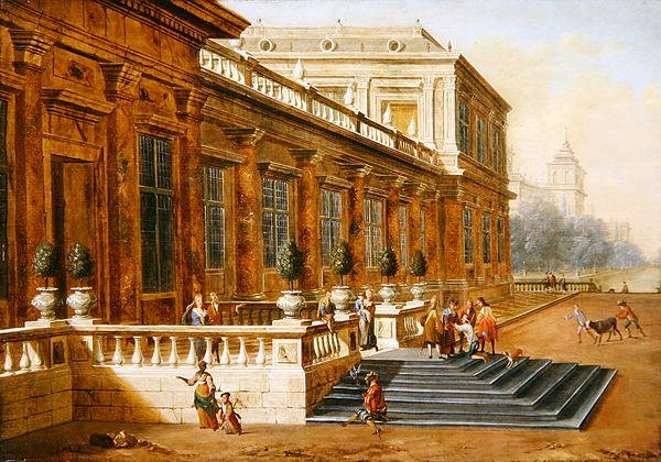 Den förlorade sonens återkomst på trappan till ett klassiskt palats (olja på duk) av Jacob Balthasar Peeters
