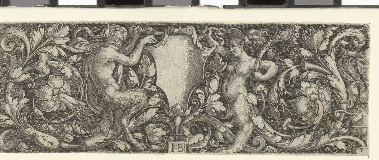 Fris med en sköld som bärs av en manlig och en kvinnlig satyr av Jacob Binck (signed by artist)