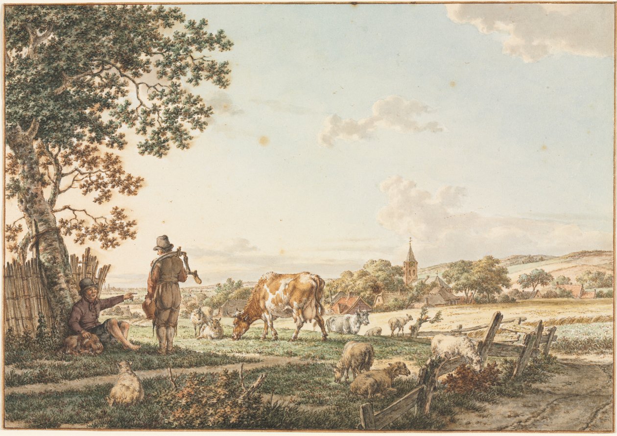 Pastoralt landskap med by, 1799. av Jacob Cats