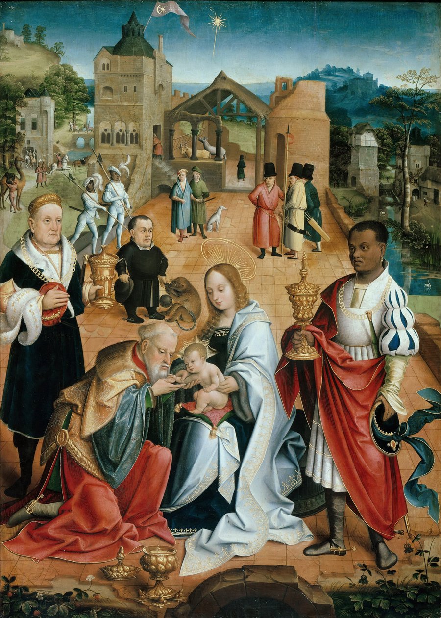 Tillbedjan av magiernas centralpanel i triptyken, 1500-talet av Jacob Claesz. van Utrecht
