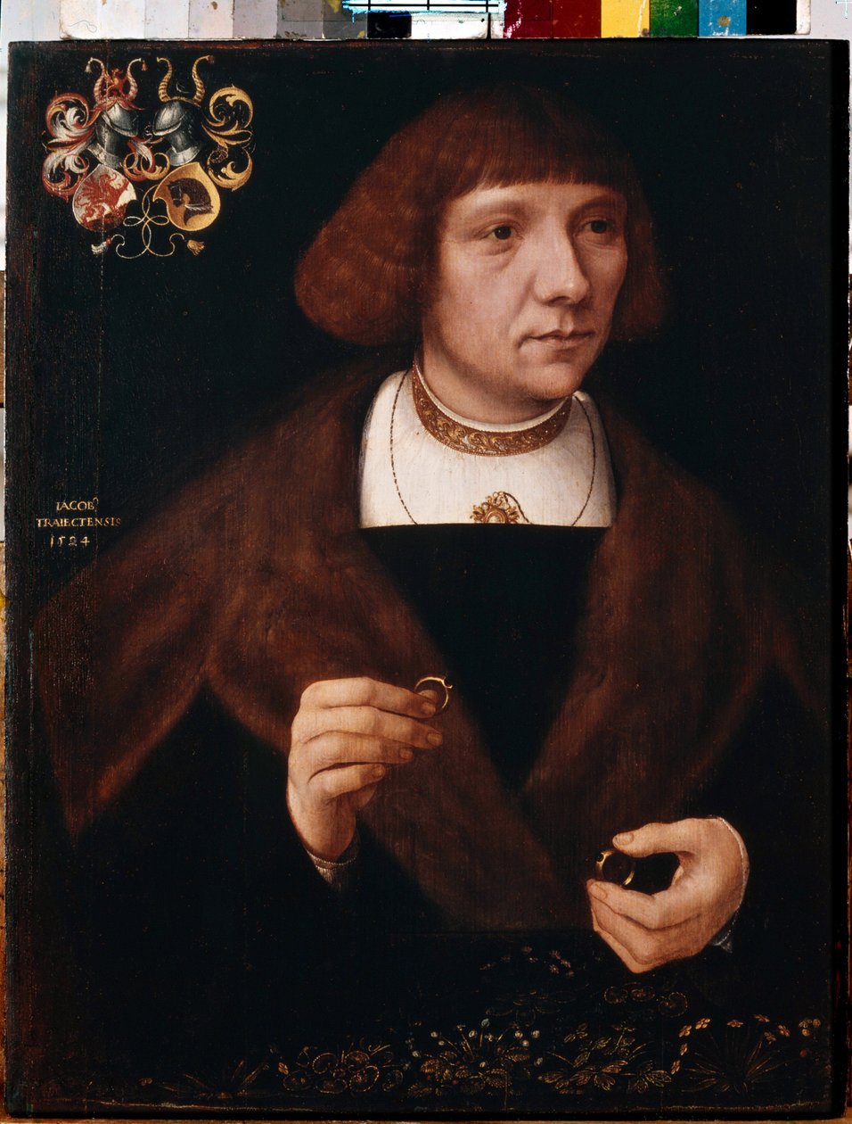 Porträtt av en man med ringar. Manliga porträtt med ringar. Jacob Van Utrecht målning (cirka 1479-efter 1525) av Jacob Claesz. von Utrecht