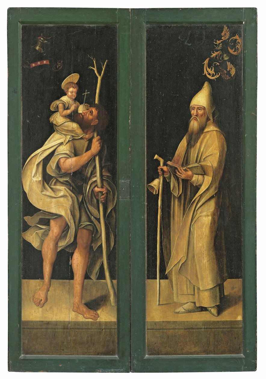 St. Christopher bär Kristusbarnet och St. Anthony Abbot, yttre ansikten av en altartavla av Jacob Claesz. von Utrecht