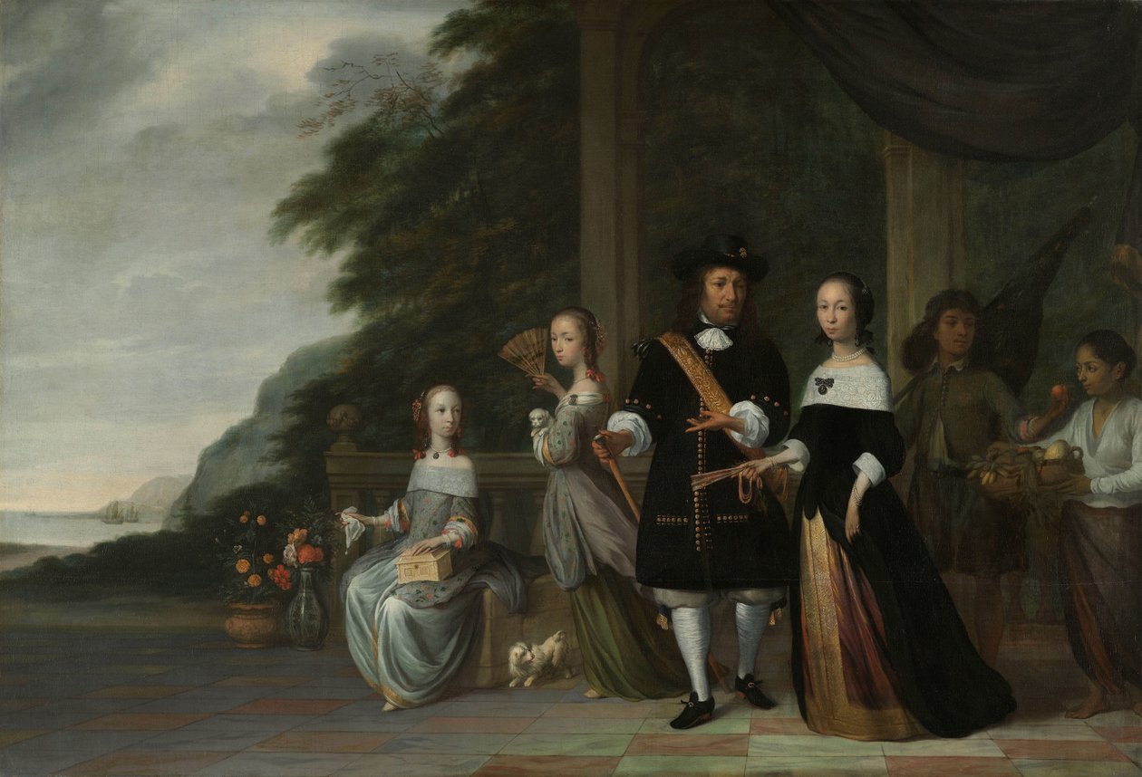 Pieter Cnoll, Cornelia van Nijenrode, deras döttrar och två förslavade tjänare Pieter Cnoll och Cornelia van Nijenrode, deras två döttrar Catharina och Hester, den förslavade Surapati och en förslavad kvinna av Jacob Coeman