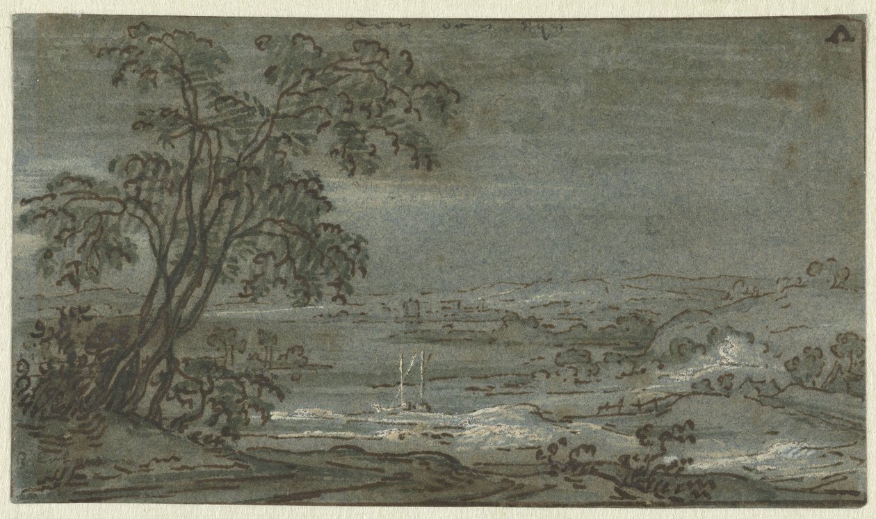 Kuperat landskap med flodböj Aen den Rijn (titel på objekt) av Jacob Colijn
