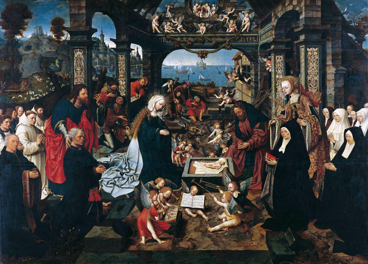 Holländska: Födelsekyrkan med Margriet Dirck Boelensdr. och hennes familj, S:t Andreas och S:t Margareta Födelsekyrkan av Jacob Cornelisz van Oostsanen