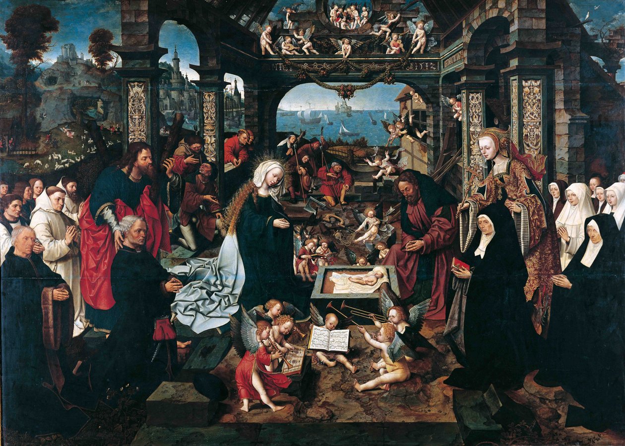 Tillbedjan av Kristusbarnet med familjen Boelen av Jacob Cornelisz van Oostsanen