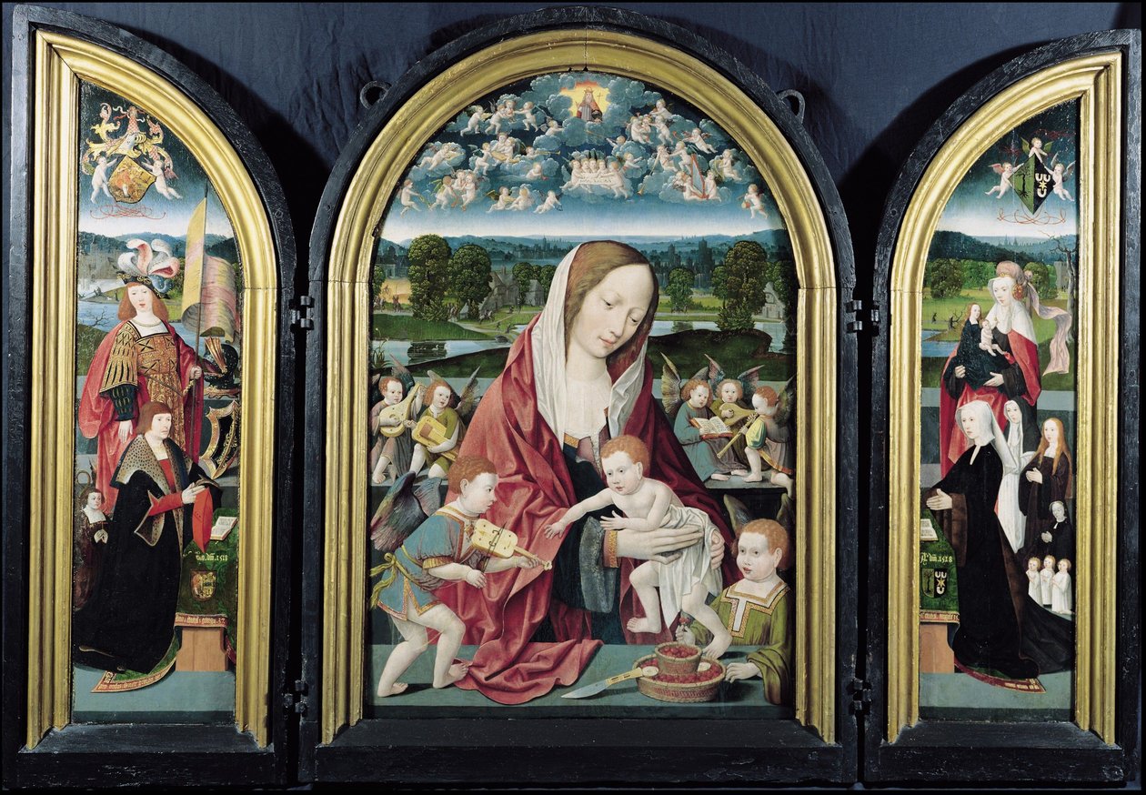 Jungfru och barn med musikskapande änglar och familjen Sampsons-Coolen, Triptych, 1500-1525 av Jacob Cornelisz van Oostsanen