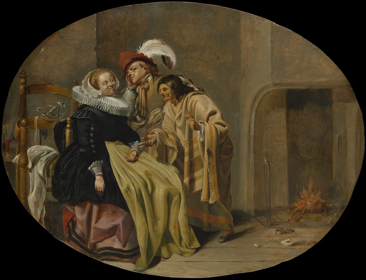Ett par i en interiör med en zigensk spåkvinna, ca. 1632-33. av Jacob Duck